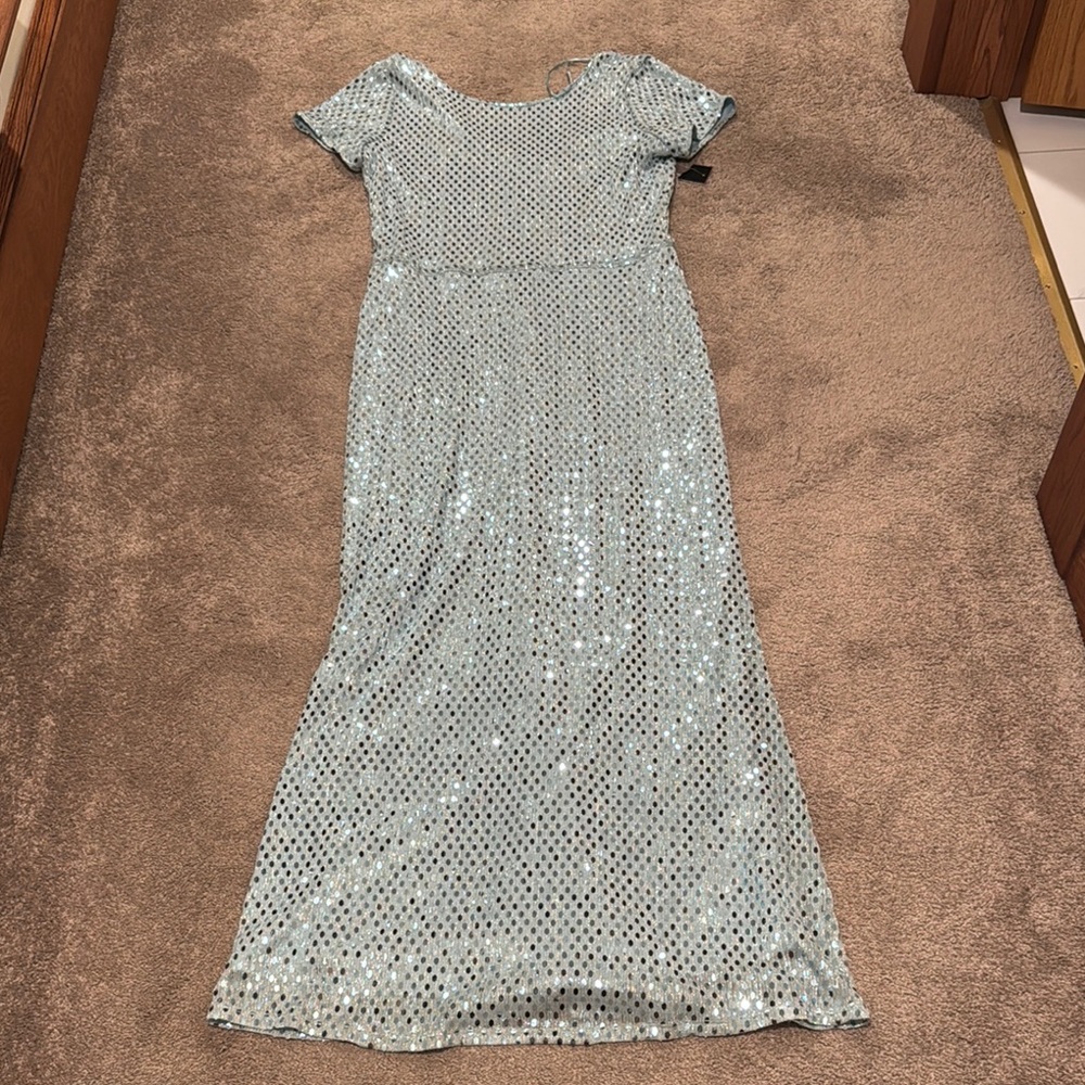Leslie Fay Pale Blue Sequin Maxi Dress Size 14 Short Sleeve Evening NWT